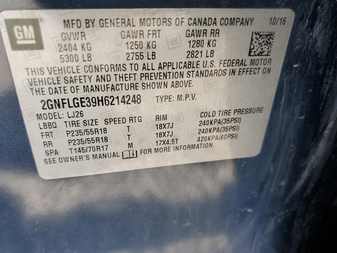 2017 Chevrolet Equinox Premier VIN: 2GNFLGE39H6214248 Lot: 63037375
