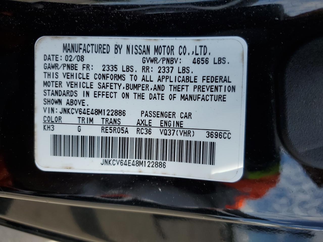 2008 Infiniti G37 Base VIN: JNKCV64E48M122886 Lot: 63976005