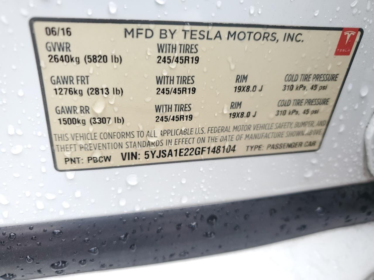 2016 Tesla Model S VIN: 5YJSA1E22GF148104 Lot: 64932125