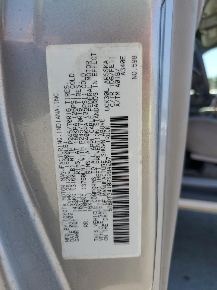 2002 Toyota Tundra Access Cab VIN: 5TBRT34102S294267 Lot: 64966005