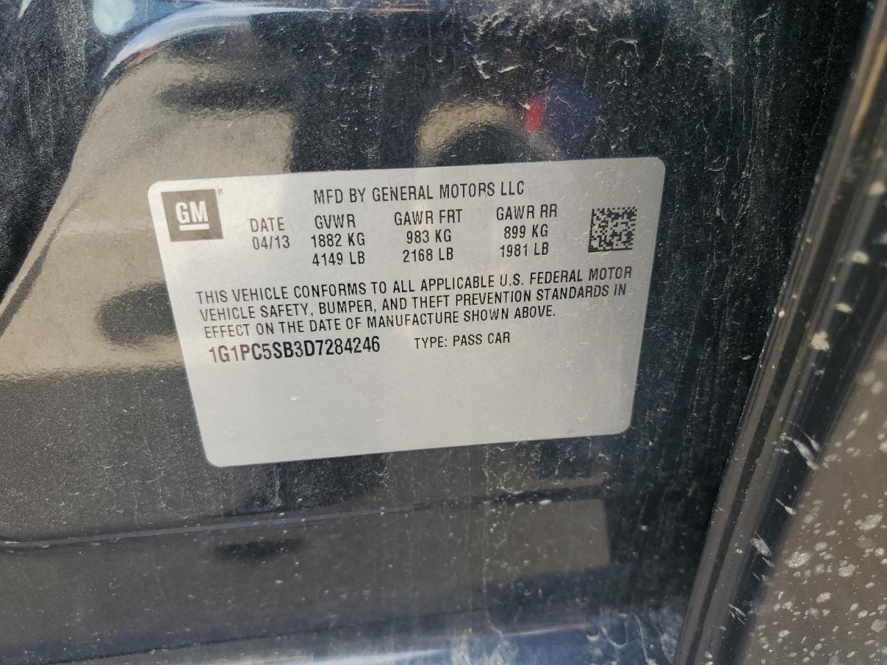 2013 Chevrolet Cruze Lt VIN: 1G1PC5SB3D7284246 Lot: 61847515