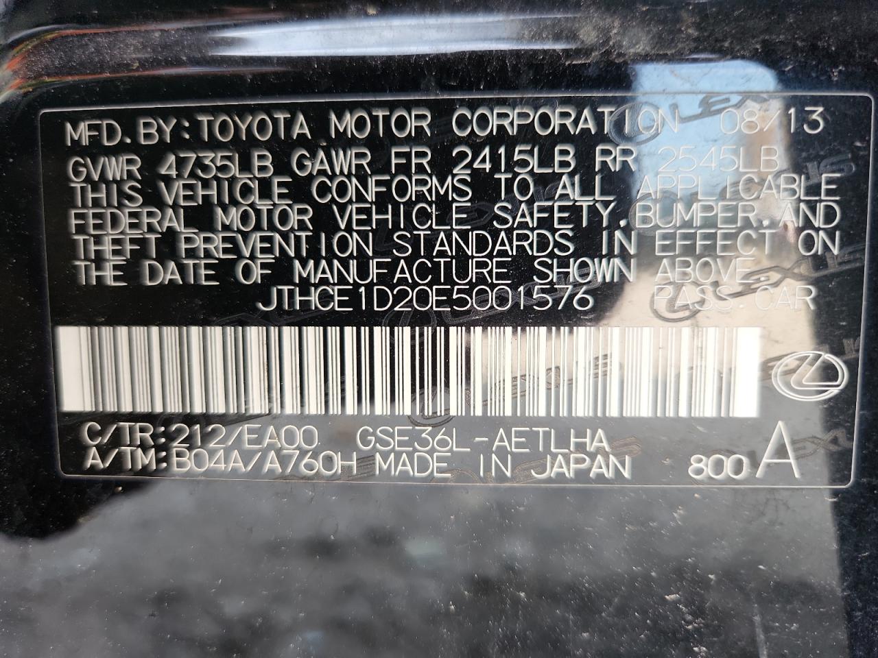 2014 Lexus Is 350 VIN: JTHCE1D20E5001576 Lot: 64257615