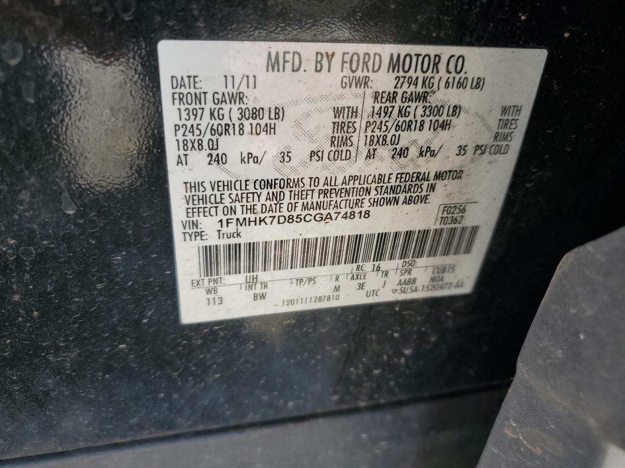 2012 Ford Explorer Xlt VIN: 1FMHK7D85CGA74818 Lot: 65789095