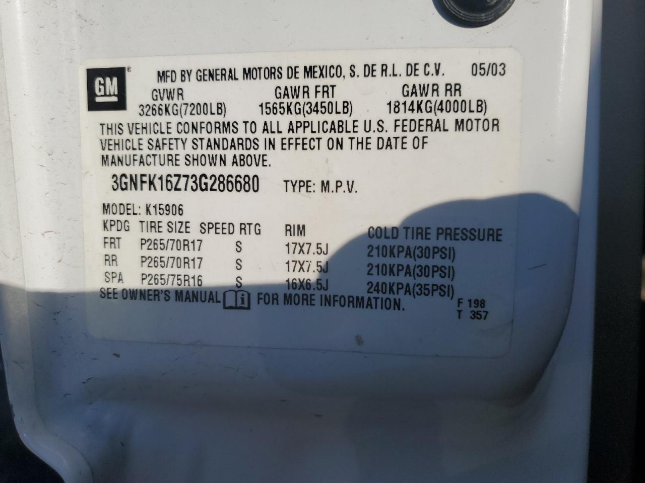 2003 Chevrolet Suburban K1500 VIN: 3GNFK16Z73G286680 Lot: 66493645