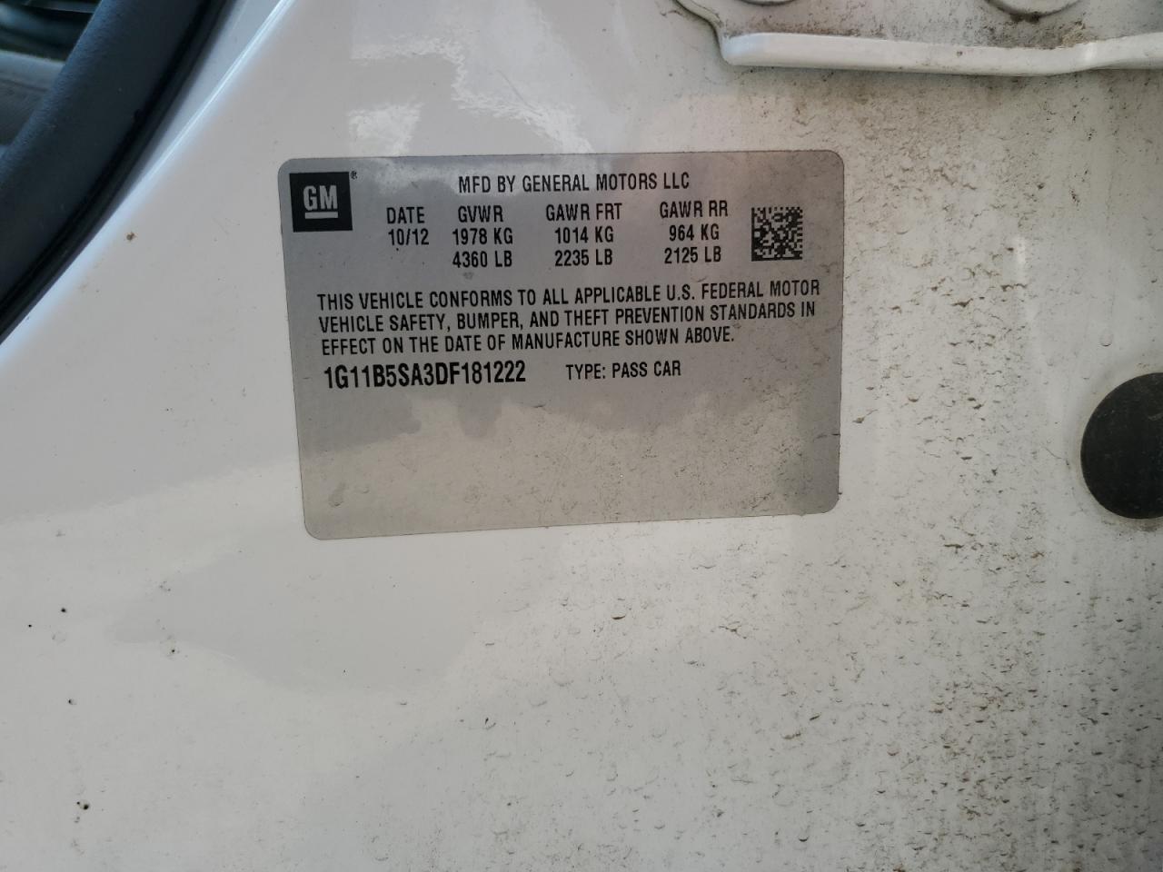 2013 Chevrolet Malibu Ls VIN: 1G11B5SA3DF181222 Lot: 64040065