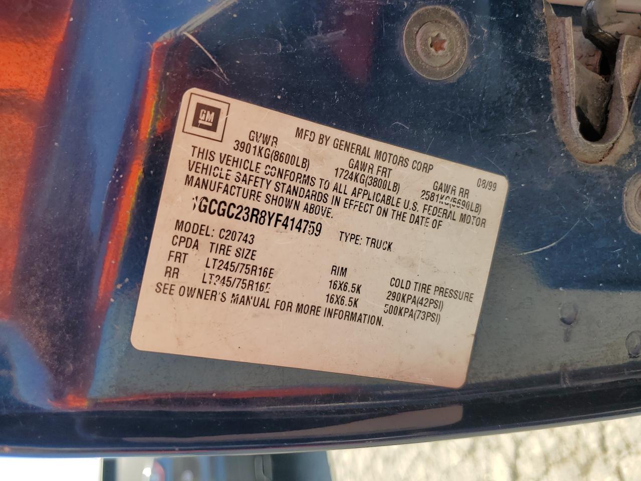 2000 Chevrolet Gmt-400 C2500 VIN: 1GCGC23R8YF414759 Lot: 66645665