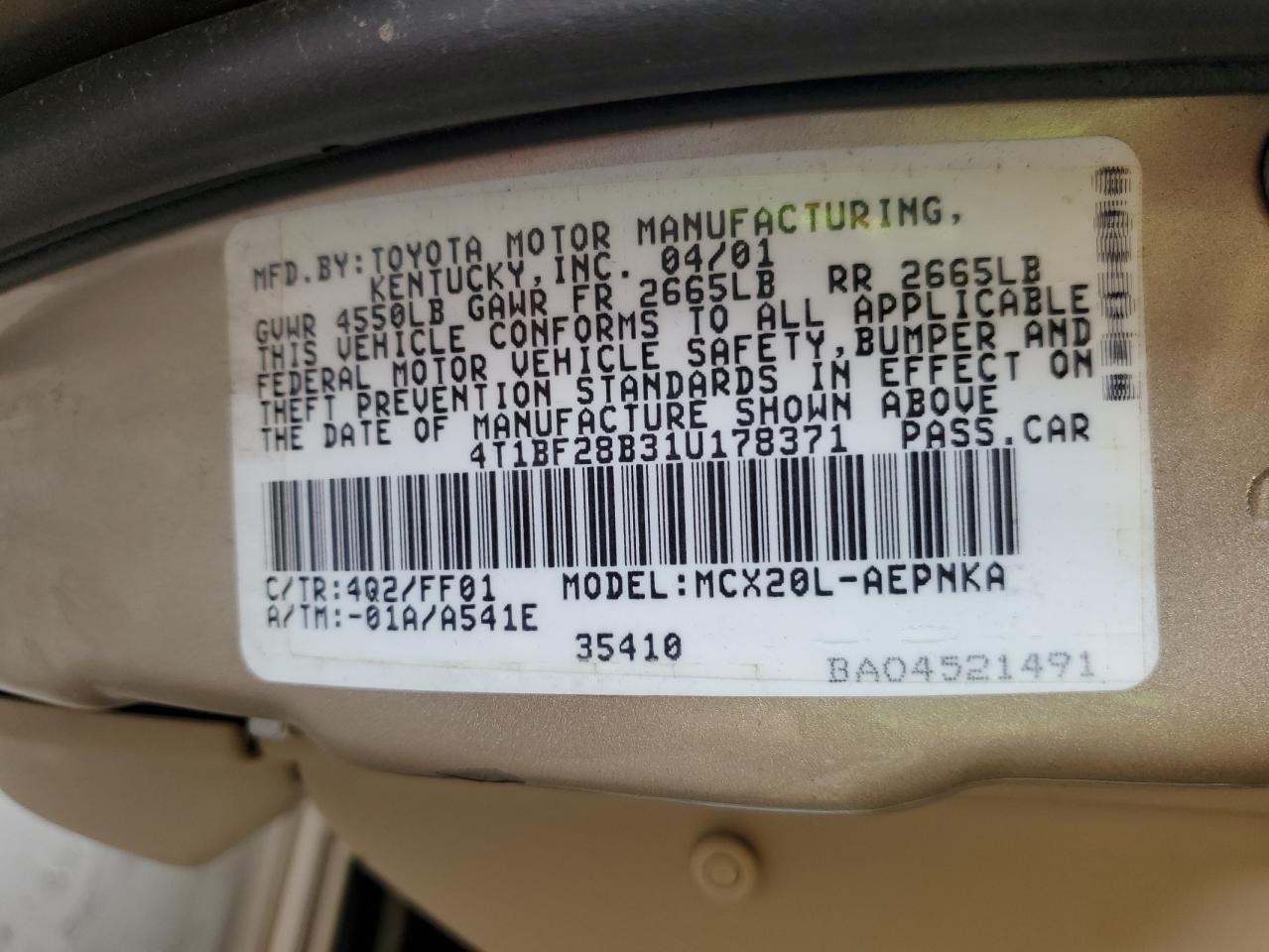 2001 Toyota Avalon Xl VIN: 4T1BF28B31U178371 Lot: 63166305