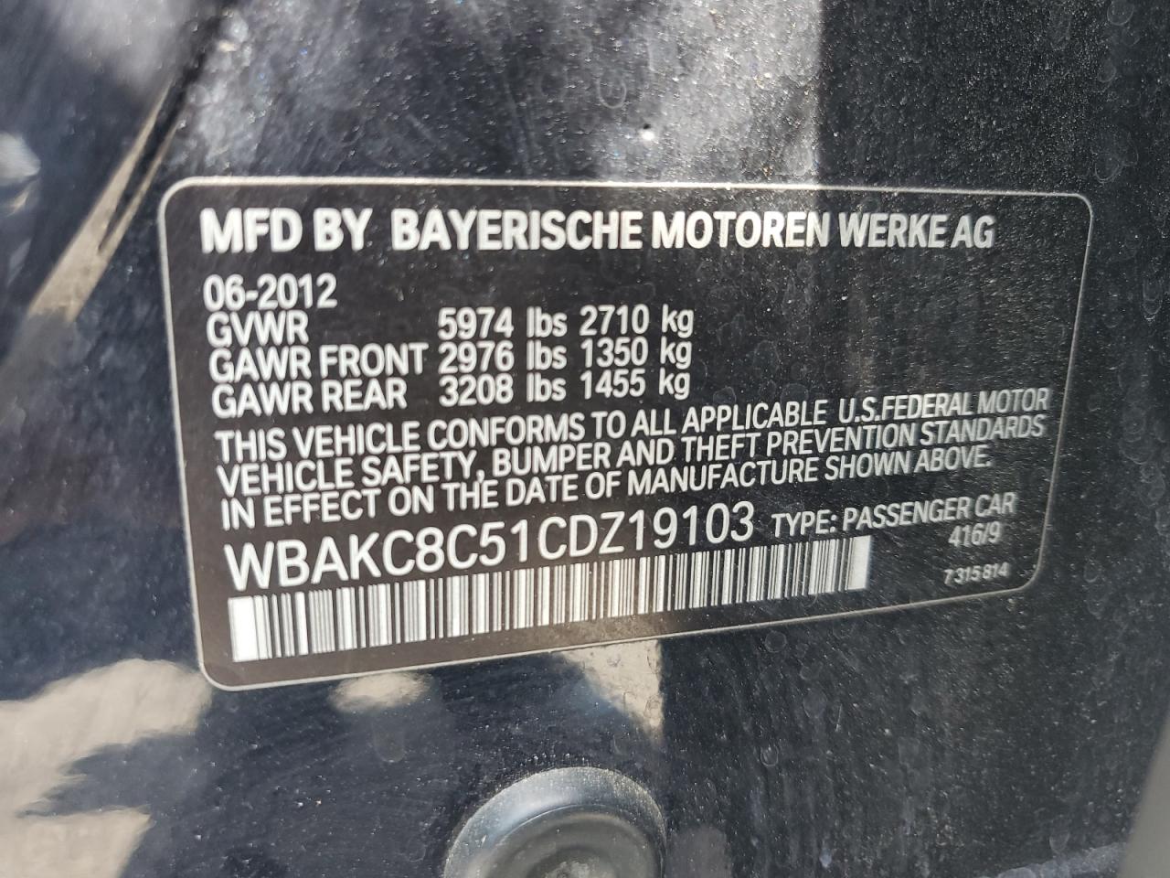 2012 BMW 750 Lxi VIN: WBAKC8C51CDZ19103 Lot: 63241085
