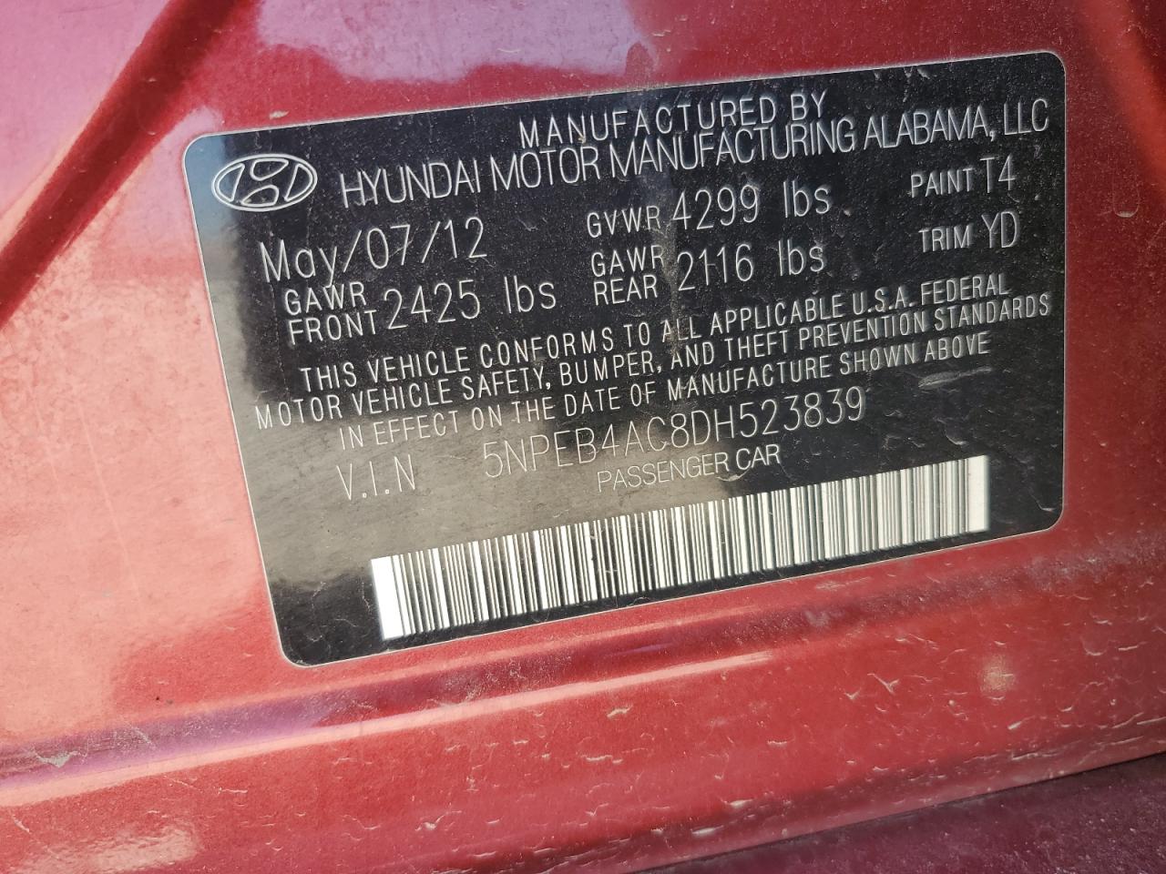 2013 Hyundai Sonata Gls VIN: 5NPEB4AC8DH523839 Lot: 63133165