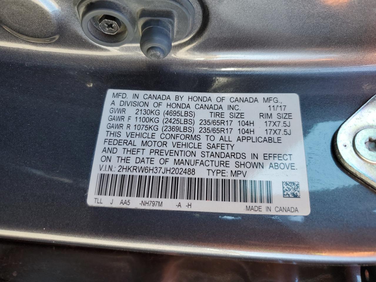 2018 Honda Cr-V Lx VIN: 2HKRW6H37JH202488 Lot: 66878195