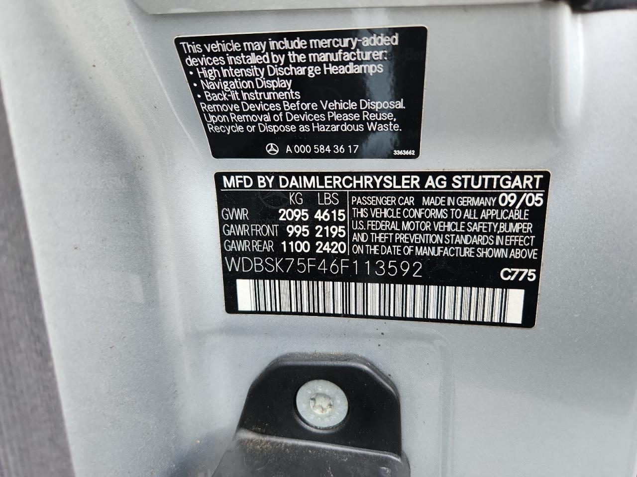2006 Mercedes-Benz Sl 500 VIN: WDBSK75F46F113592 Lot: 64292365