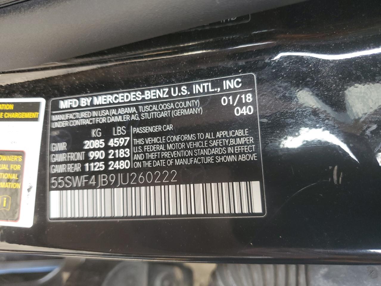2018 Mercedes-Benz C 300 VIN: 55SWF4JB9JU260222 Lot: 65423155