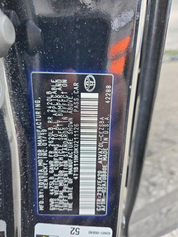 2019 Toyota Camry L VIN: 4T1B11HK0KU211126 Lot: 64989735
