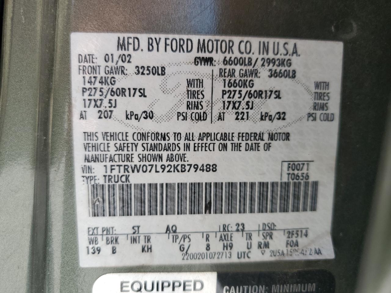 2002 Ford F150 Supercrew VIN: 1FTRW07L92KB79488 Lot: 63744985