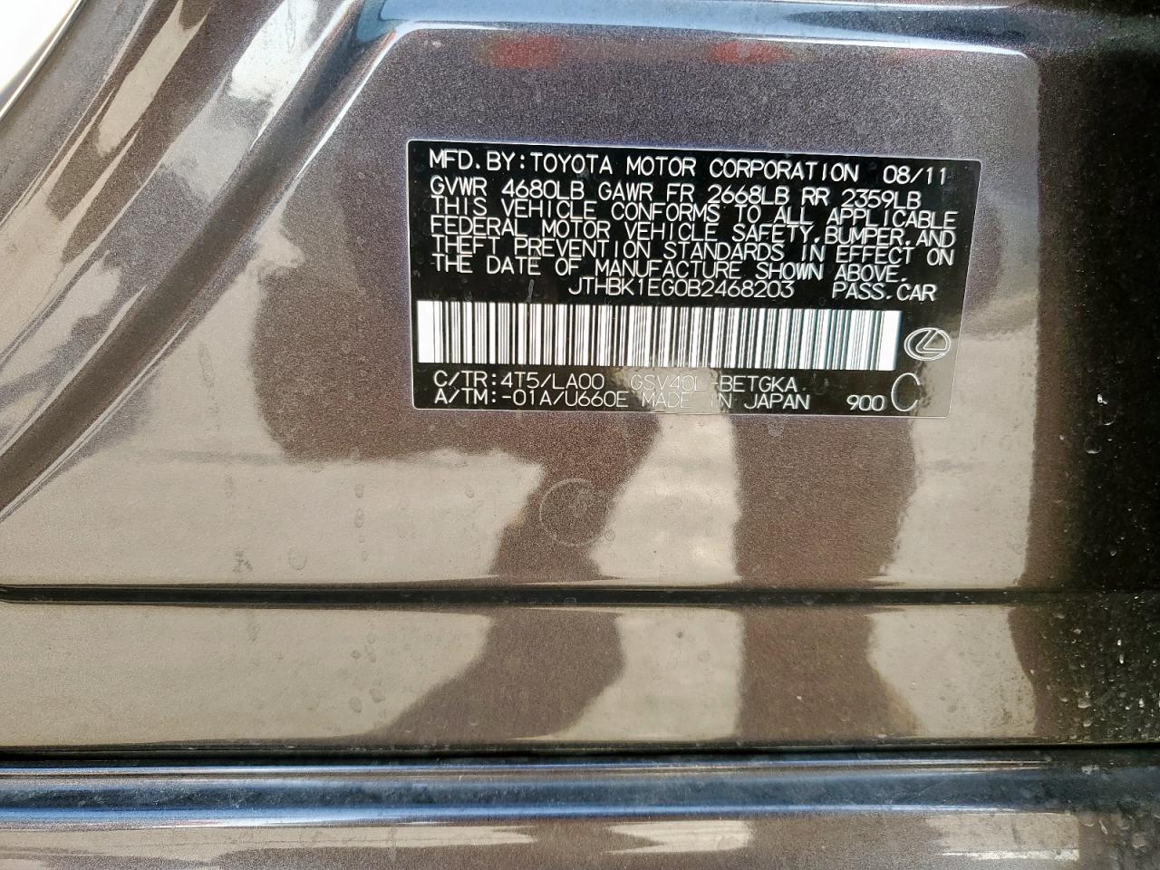 jthbk1eg0b2468203 JTHBK1EG0B2468203 2011 Lexus Es 350