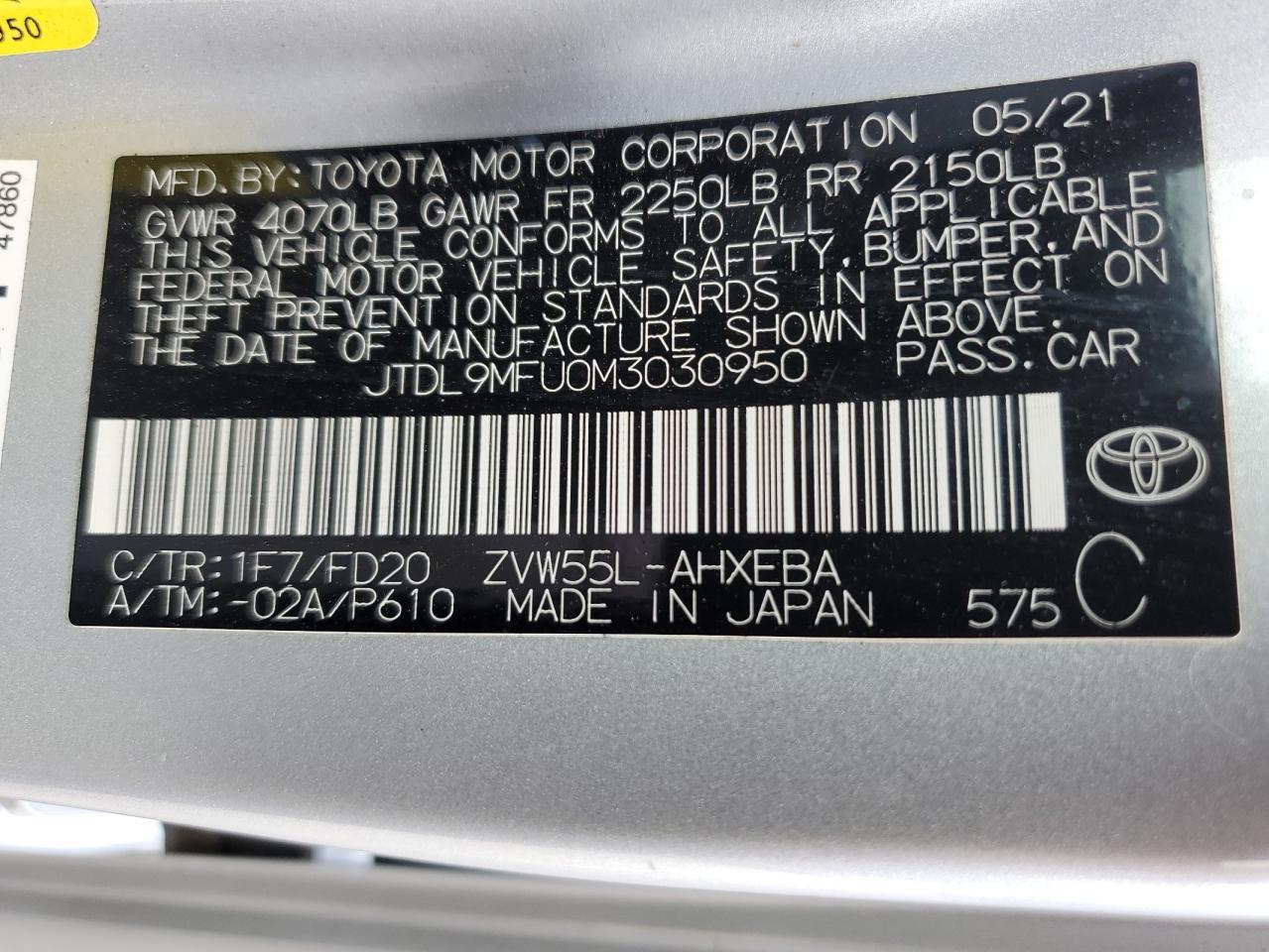 2021 Toyota Prius Le VIN: JTDL9MFU0M3030950 Lot: 64421325