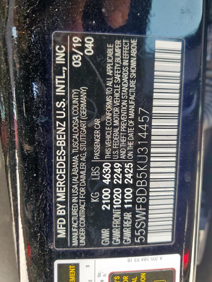 2019 Mercedes-Benz C 300 VIN: 55SWF8DB5KU314457 Lot: 62032825