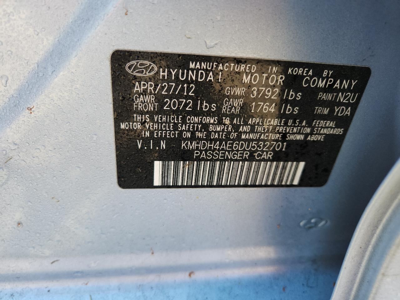 2013 Hyundai Elantra Gls VIN: KMHDH4AE6DU532701 Lot: 66078215