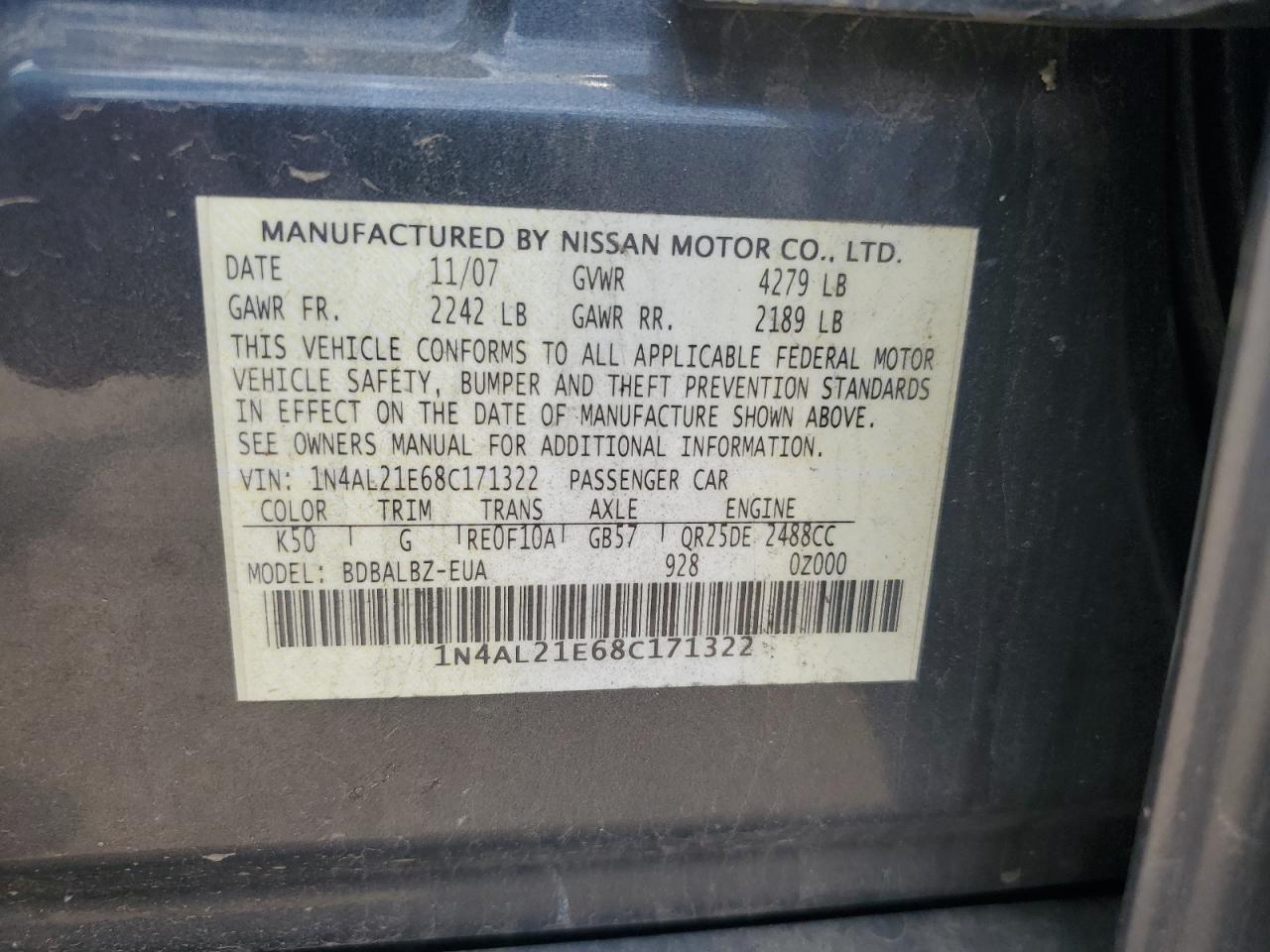2008 Nissan Altima 2.5 VIN: 1N4AL21E68C171322 Lot: 64457895