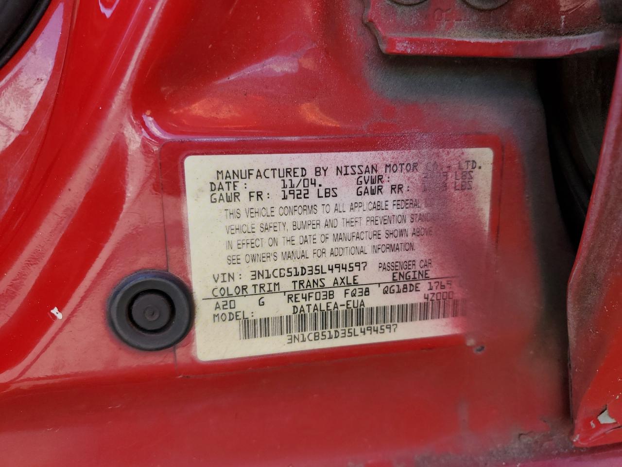 2005 Nissan Sentra 1.8 VIN: 3N1CB51D35L494597 Lot: 63289375