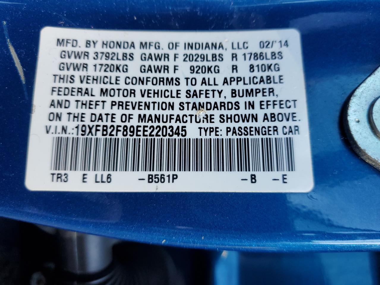 2014 Honda Civic Ex VIN: 19XFB2F89EE220345 Lot: 64823675