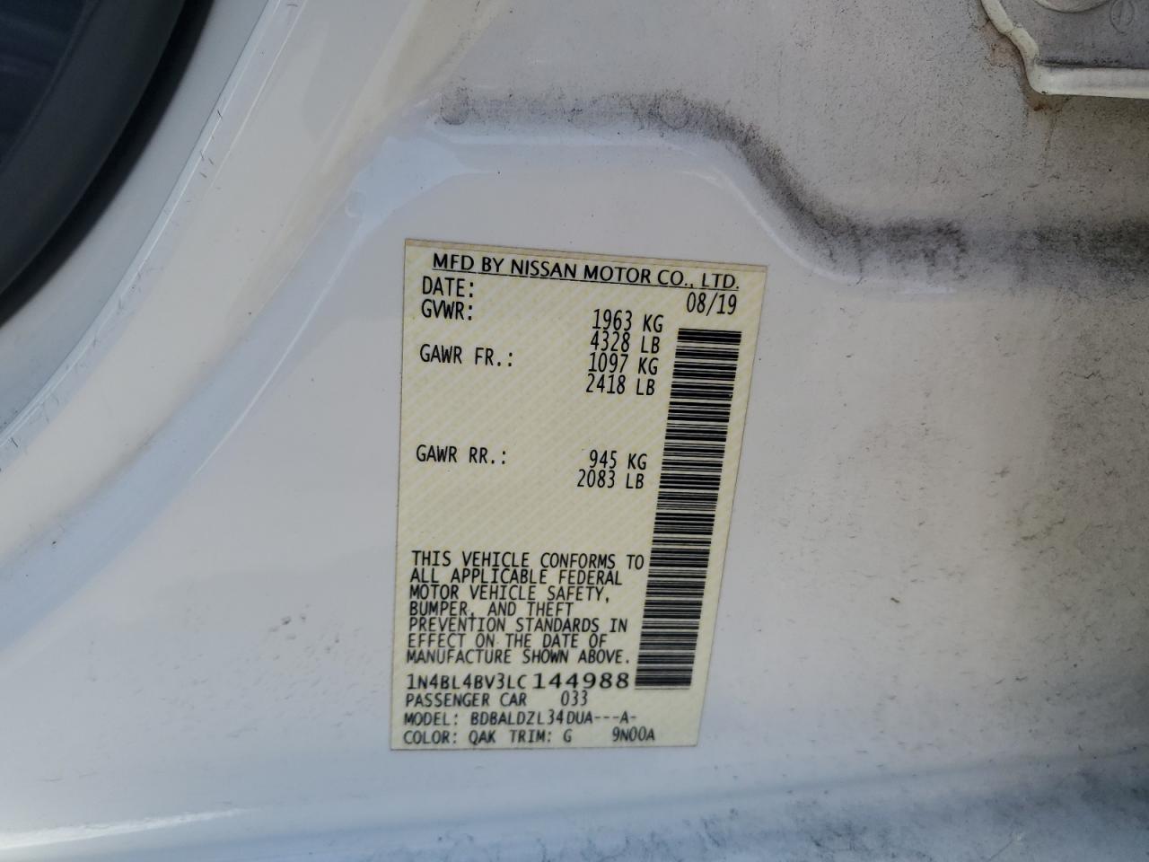 2020 Nissan Altima S VIN: 1N4BL4BV3LC144988 Lot: 65088385