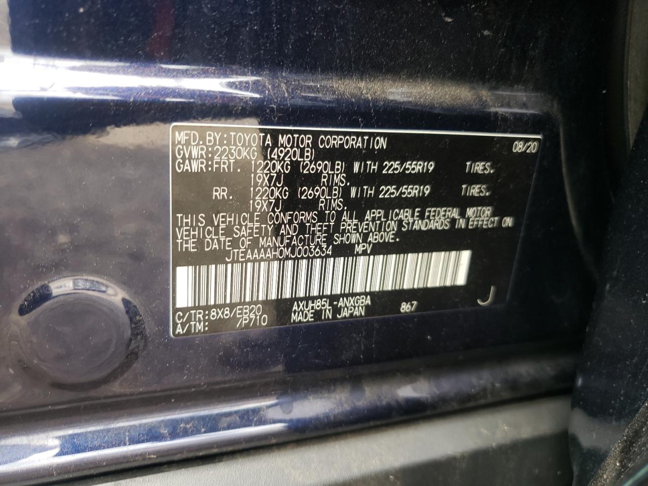 2021 Toyota Venza Le VIN: JTEAAAAH0MJ003634 Lot: 63835325