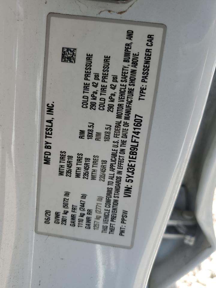 2020 Tesla Model 3 VIN: 5YJ3E1EB9LF741607 Lot: 64516055