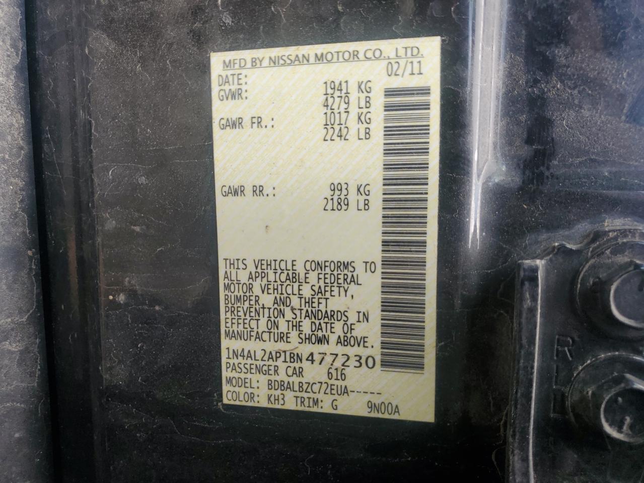 2011 Nissan Altima Base VIN: 1N4AL2AP1BN477230 Lot: 63864055