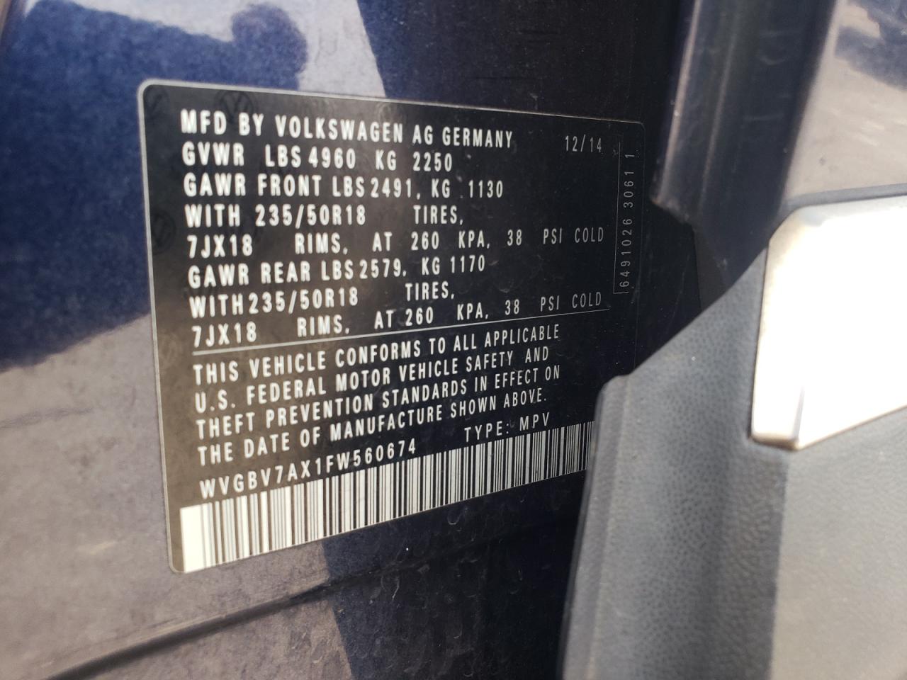 2015 Volkswagen Tiguan S VIN: WVGBV7AX1FW560674 Lot: 66693585