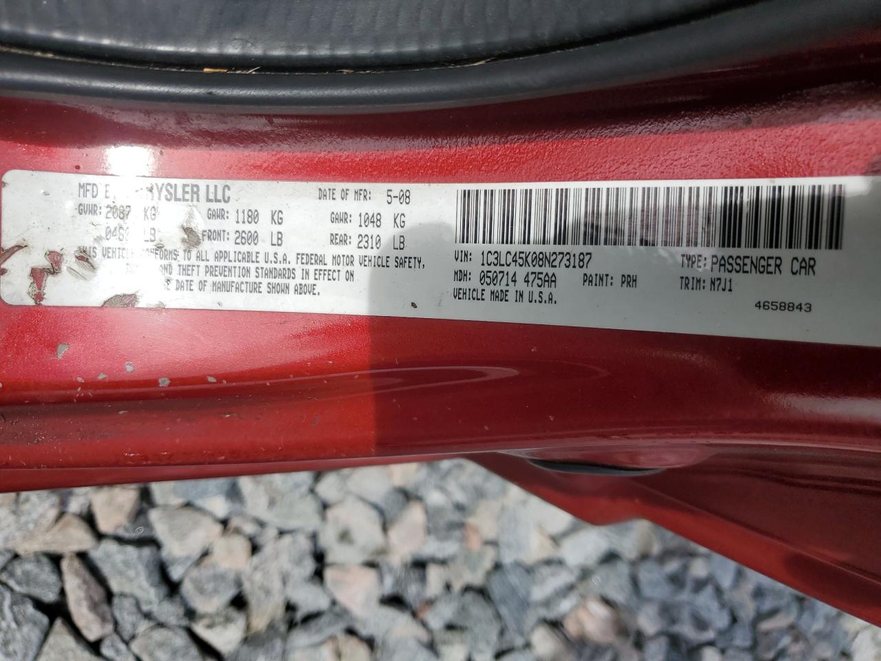 2008 Chrysler Sebring VIN: 1C3LC45K08N273187 Lot: 65563215