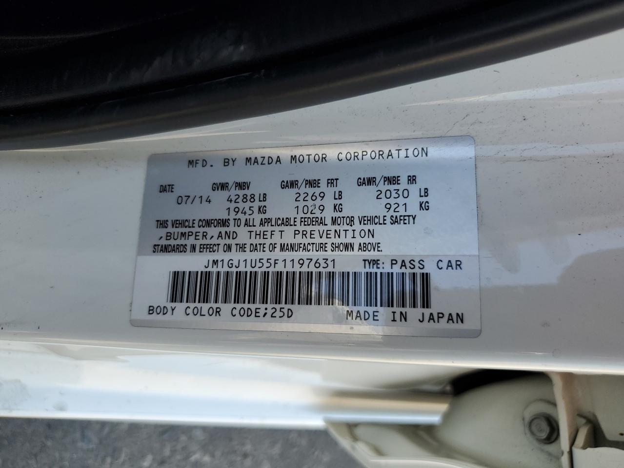 2015 Mazda 6 Sport VIN: JM1GJ1U55F1197631 Lot: 65026365