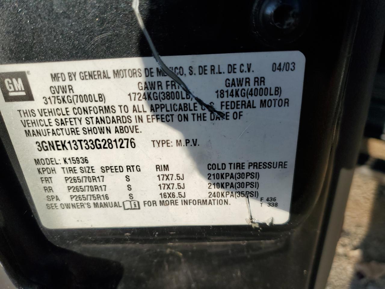 3gnek13t33g281276 3GNEK13T33G281276 2003 Chevrolet Avalanche K1500