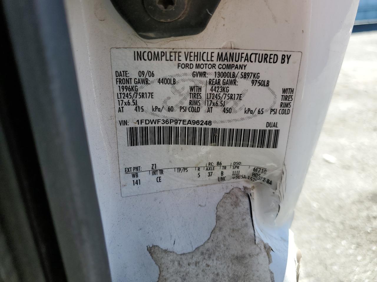 2007 Ford F350 Super Duty VIN: 1FDWF36P97EA96248 Lot: 65434305
