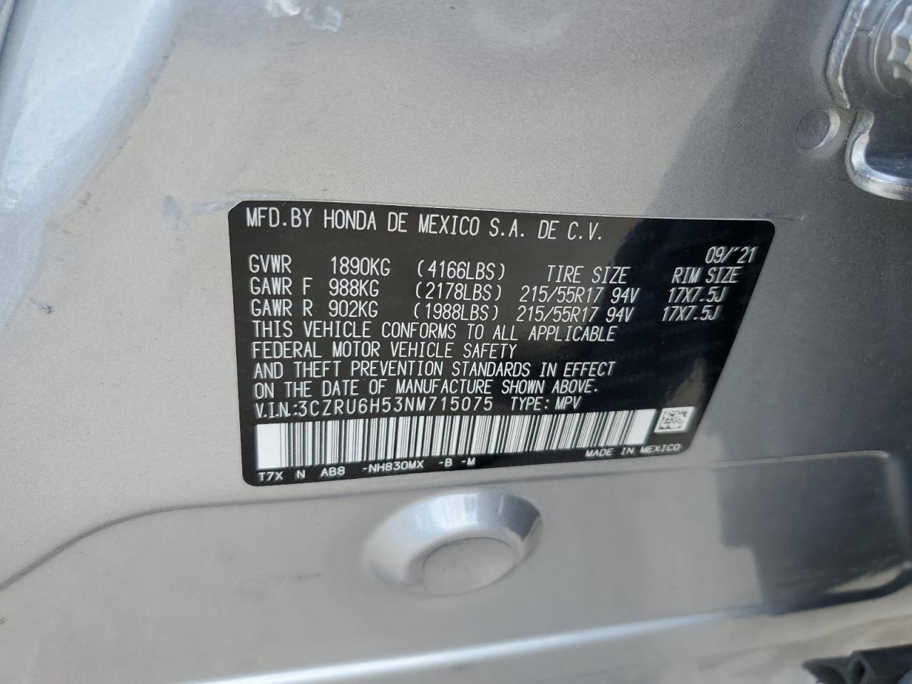 2022 Honda Hr-V Ex VIN: 3CZRU6H53NM715075 Lot: 63683735