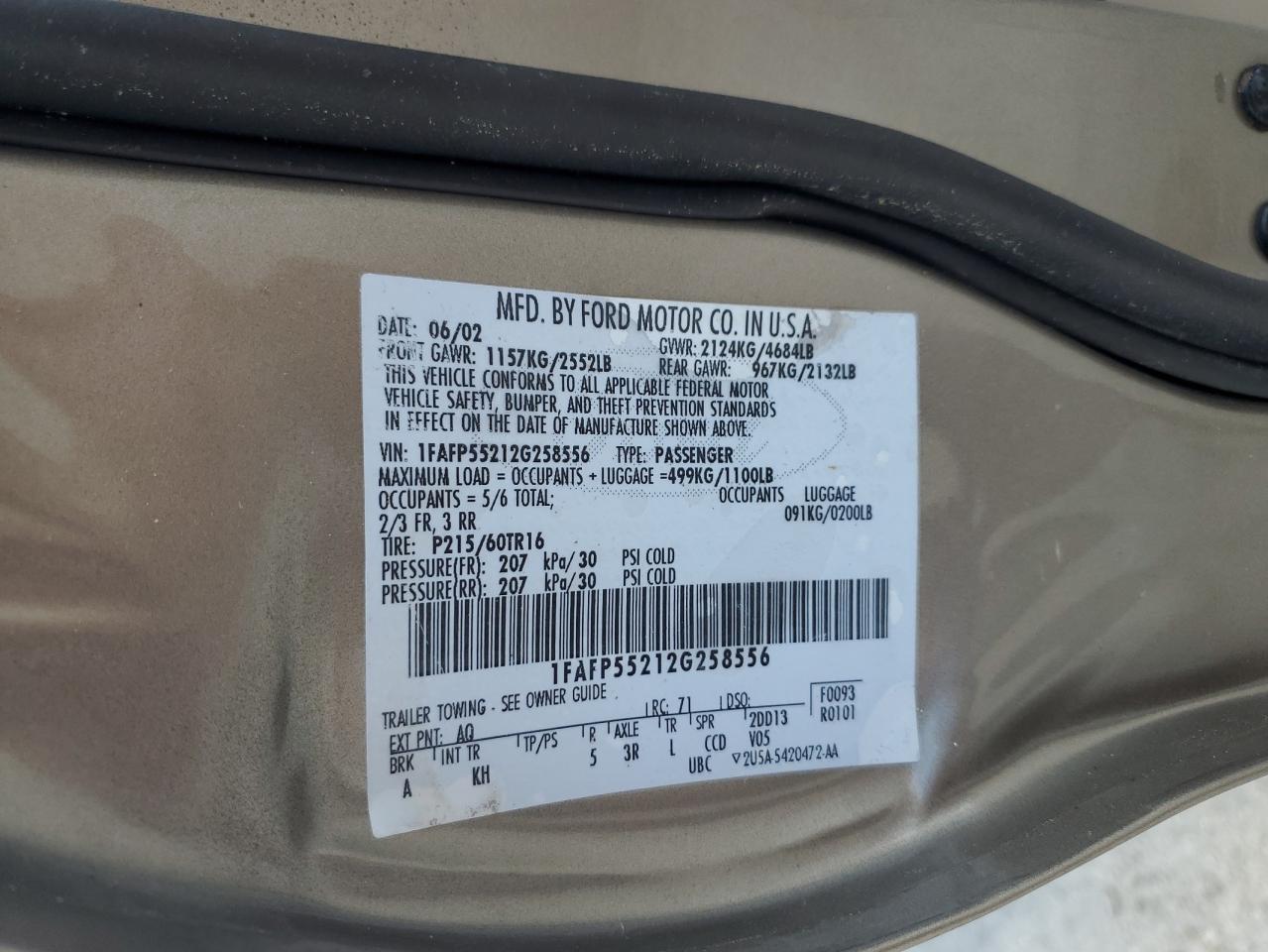 2002 Ford Taurus Ses VIN: 1FAFP55212G258556 Lot: 65878165