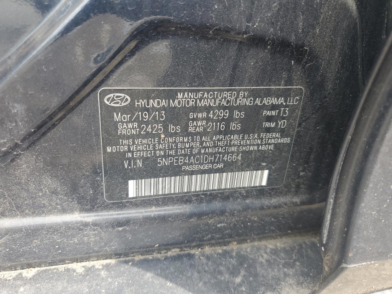 2013 Hyundai Sonata Gls VIN: 5NPEB4AC1DH714664 Lot: 65131785