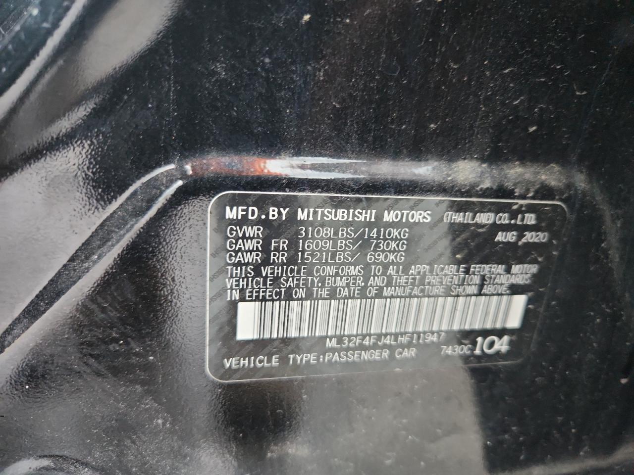 2020 Mitsubishi Mirage G4 Se VIN: ML32F4FJ4LHF11947 Lot: 63186375