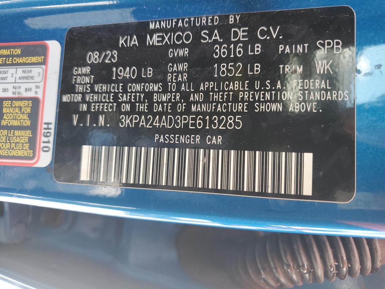 2023 Kia Rio Lx VIN: 3KPA24AD3PE613285 Lot: 64766885
