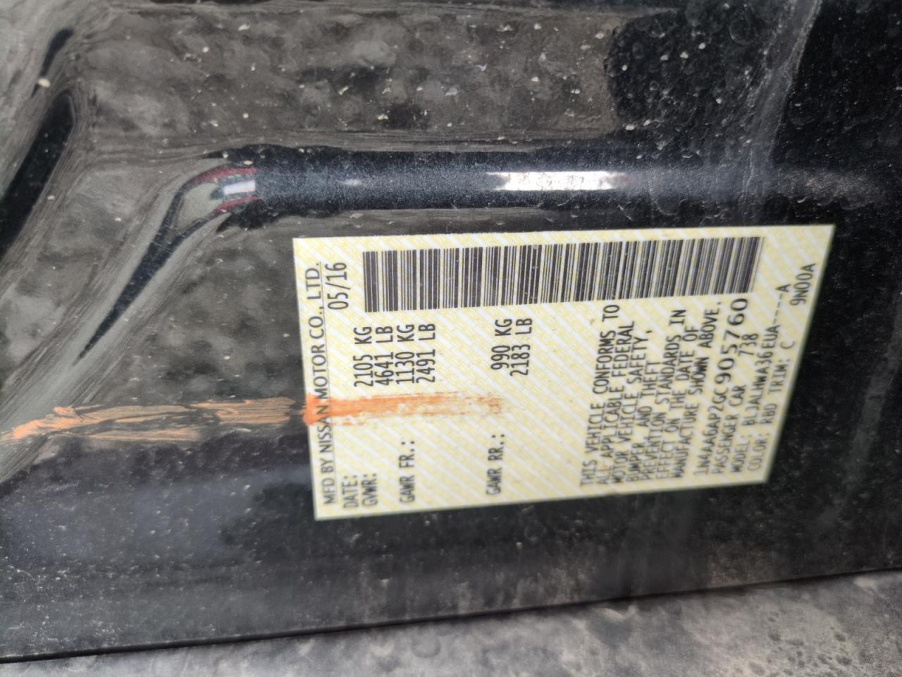 2016 Nissan Maxima 3.5S VIN: 1N4AA6AP2GC905760 Lot: 62869735