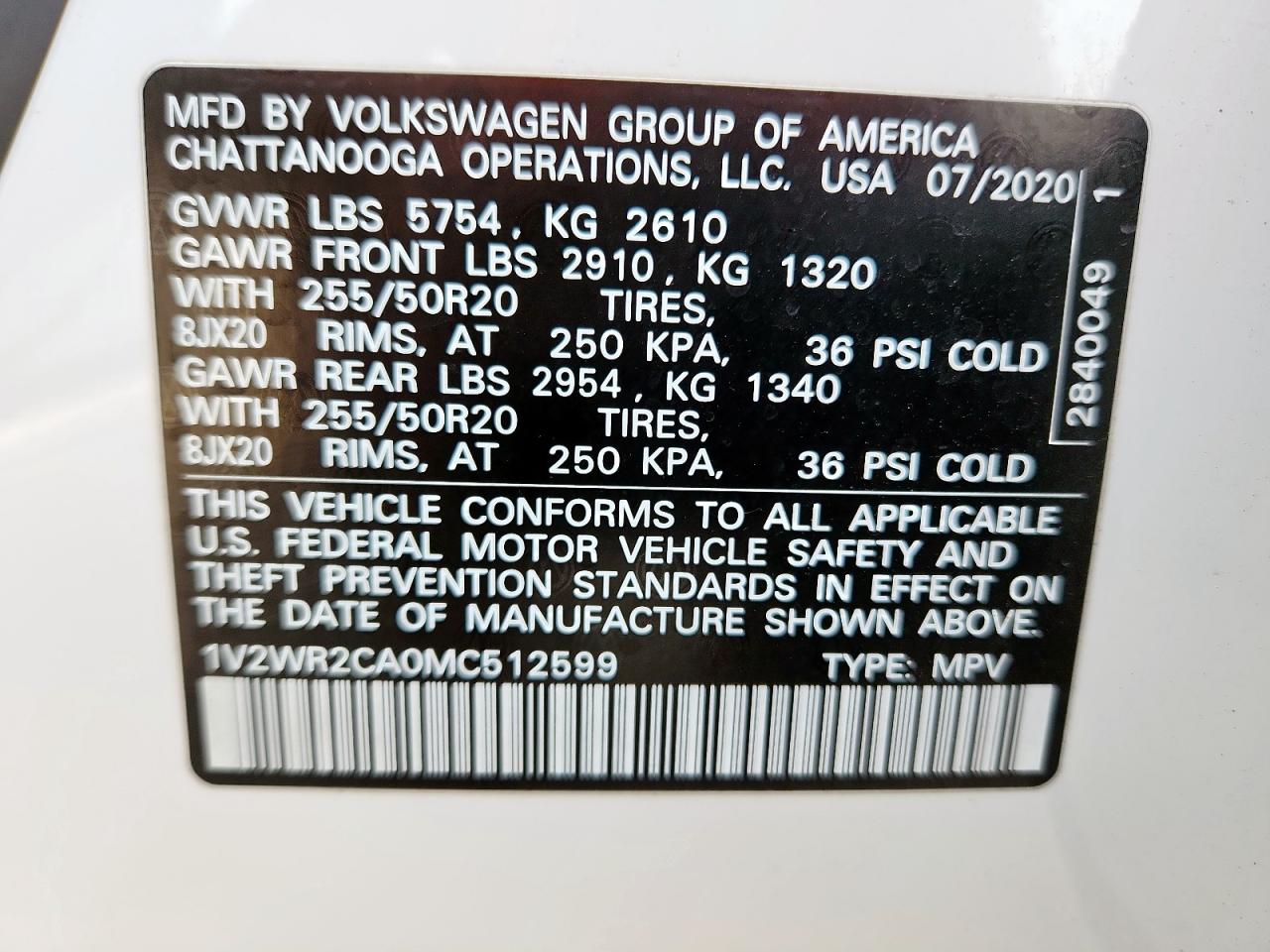 2021 Volkswagen Atlas Se VIN: 1V2WR2CA0MC512599 Lot: 64640815