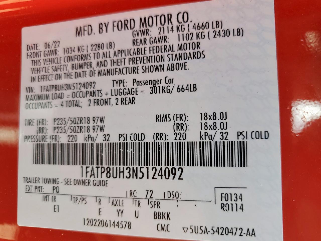 2022 Ford Mustang VIN: 1FATP8UH3N5124092 Lot: 66723135