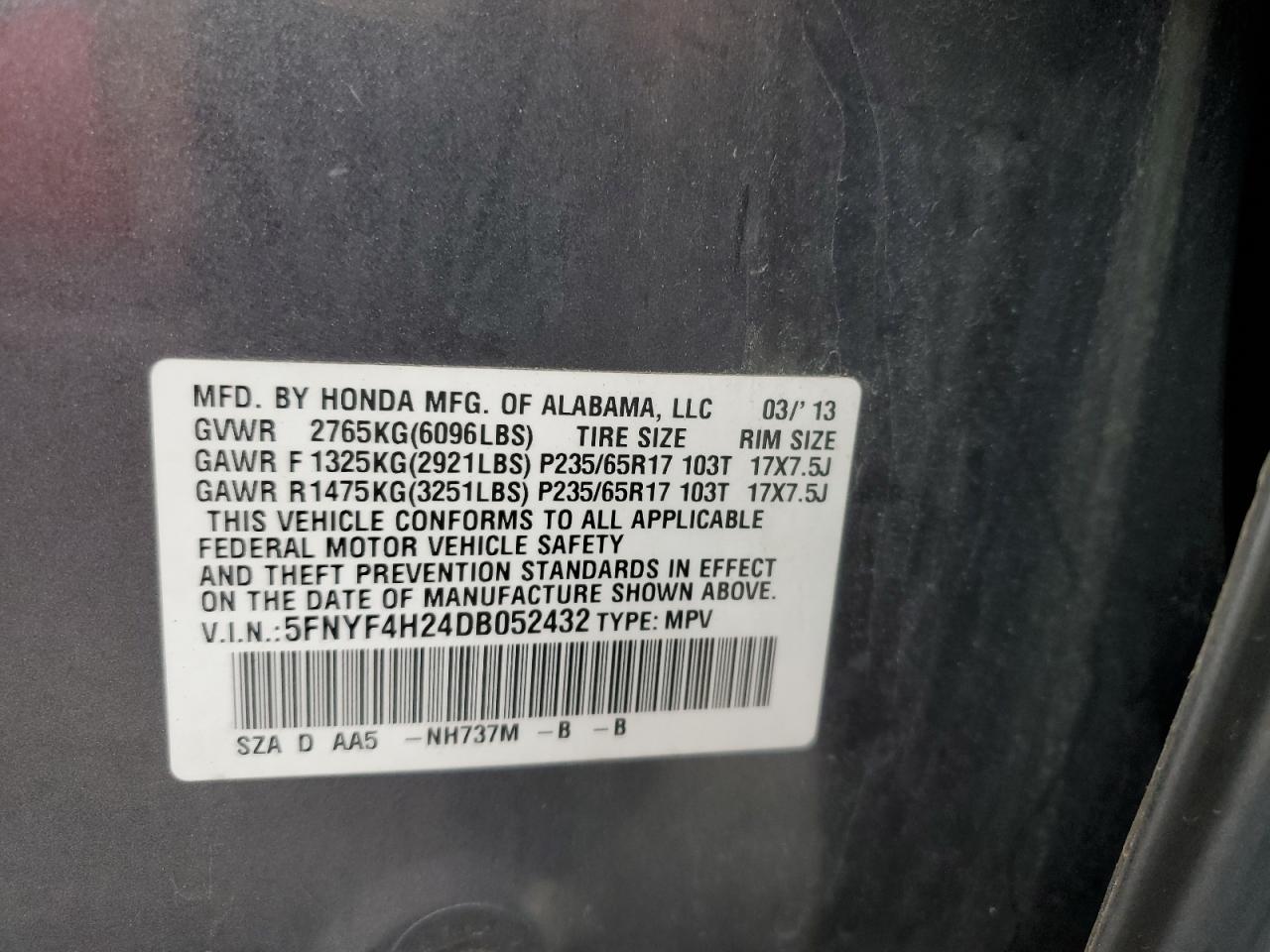 2013 Honda Pilot Lx VIN: 5FNYF4H24DB052432 Lot: 64181085