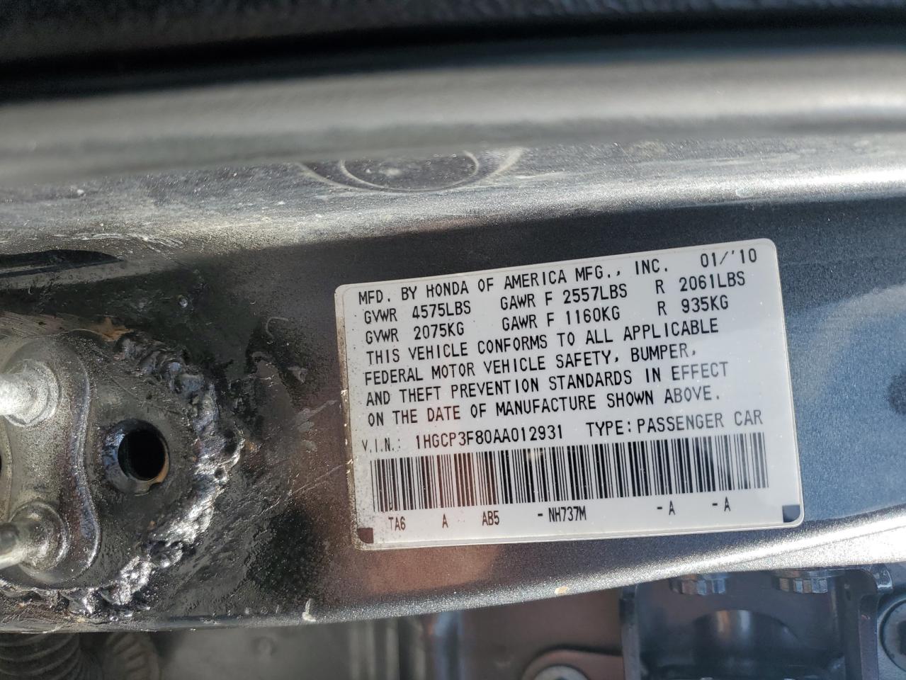 2010 Honda Accord Exl VIN: 1HGCP3F80AA012931 Lot: 64323115