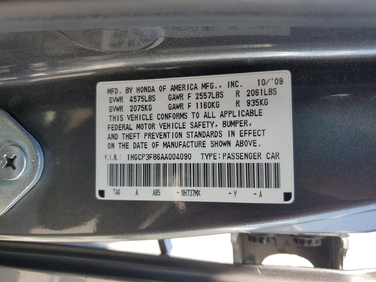 2010 Honda Accord Exl VIN: 1HGCP3F86AA004090 Lot: 65013625