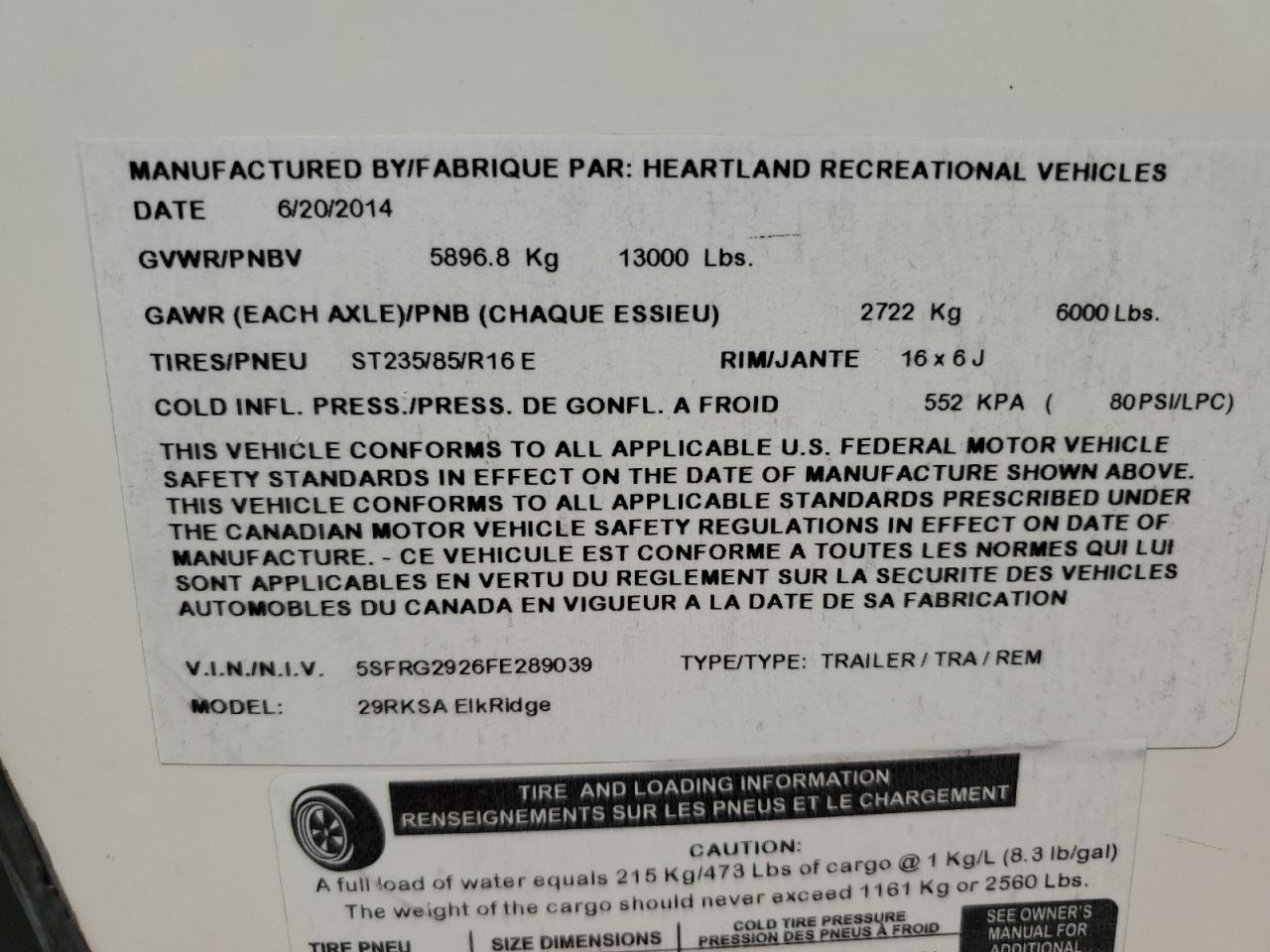 2015 Heartland Elkridge VIN: 5SFRG2926FE289039 Lot: 65046285