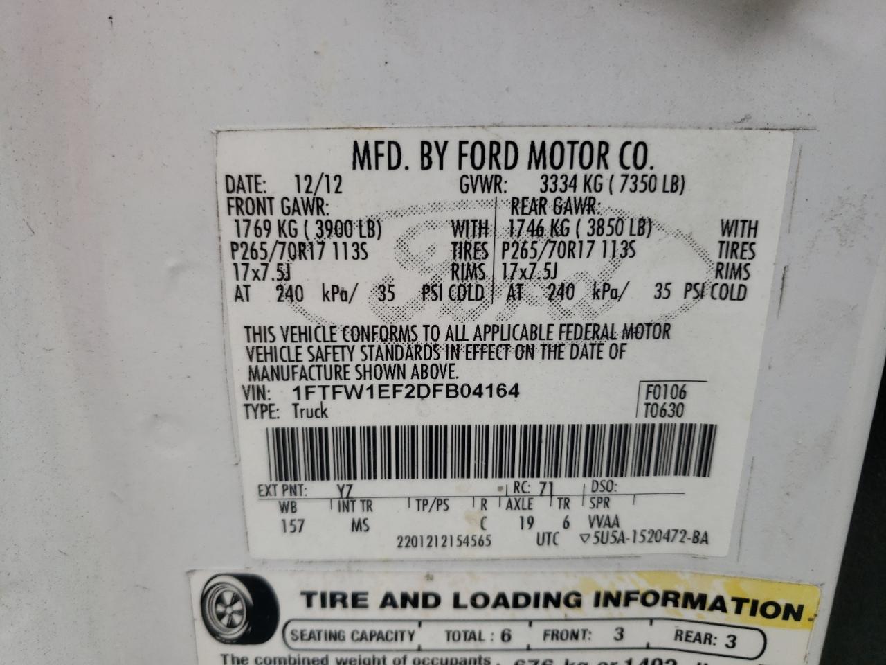 2013 Ford F150 Supercrew VIN: 1FTFW1EF2DFB04164 Lot: 64735475