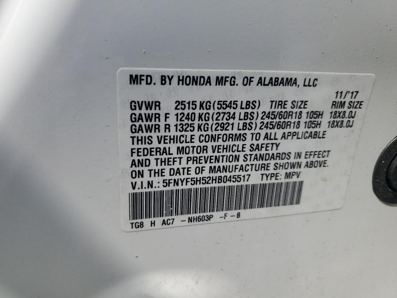 2017 Honda Pilot Exl VIN: 5FNYF5H52HB045517 Lot: 65354305