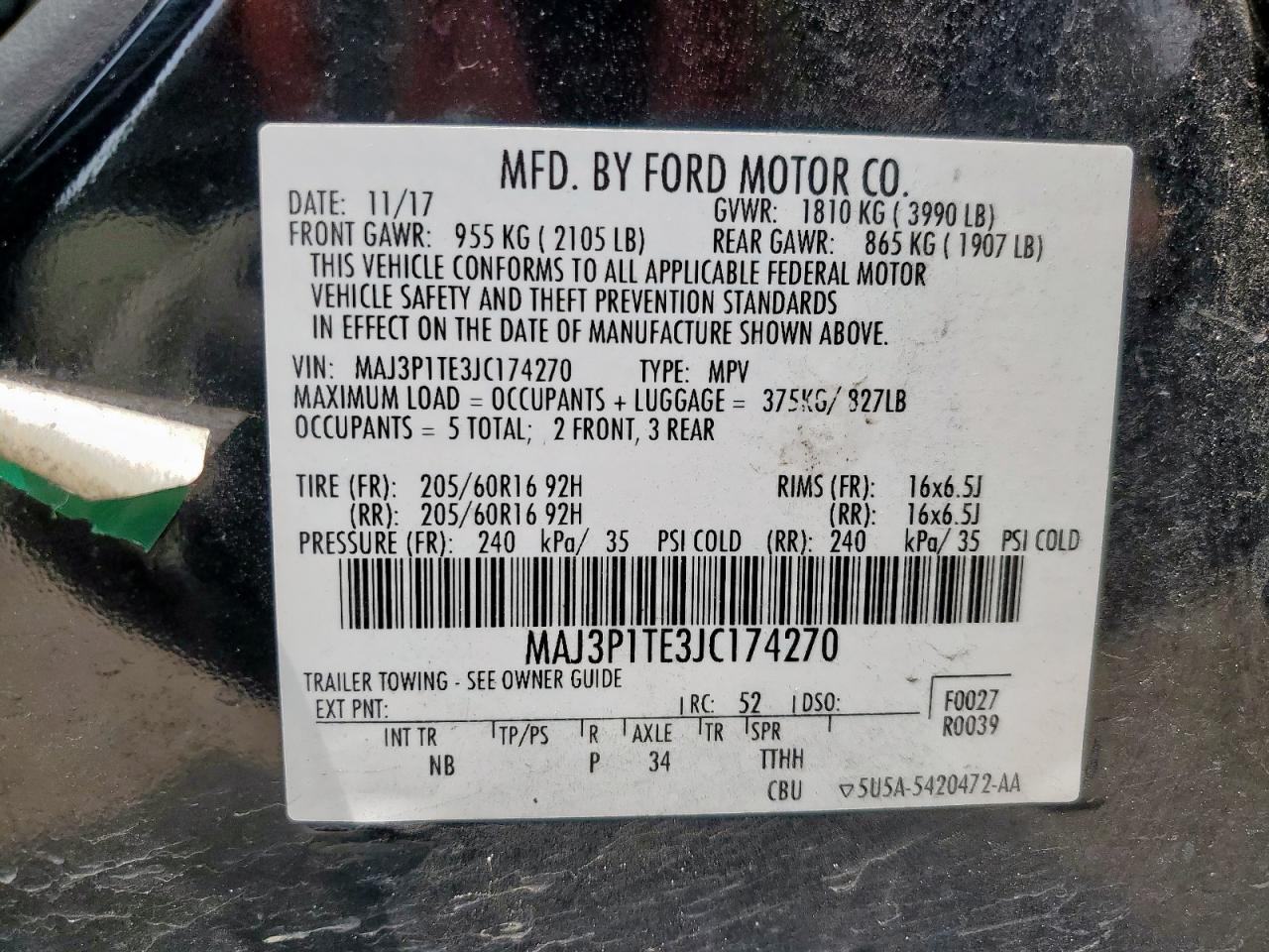 2018 Ford Ecosport Se VIN: MAJ3P1TE3JC174270 Lot: 63004355