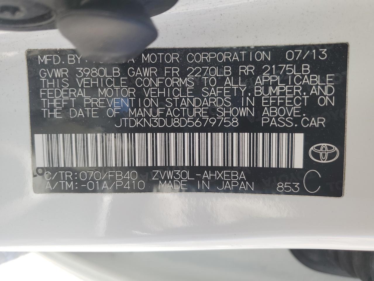 2013 Toyota Prius VIN: JTDKN3DU8D5679758 Lot: 64410555